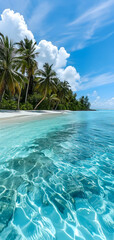 tropical beach view at sunny day with white sand, turquoise water and palm tree. Neural network generated image. Not based on any actual scene or pattern.