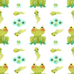 Cute funny green frog, toad watercolor illustration with eggs and tadpole seamless pattern