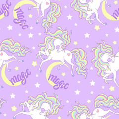 Obraz na płótnie Canvas Seamless pattern with white unicorns, moon, stars and the inscription magic on a lilac background. For children's fabric design, wallpaper, backgrounds, wrapping paper, scrapbooking, etc. Vector