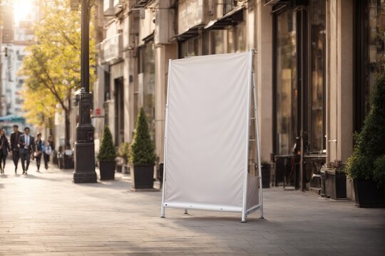 Mockup, Blank white vertical advertising banner billboard stand on the sidewalk
