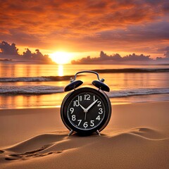 Retro alarm clock on sunset beach with ocean background