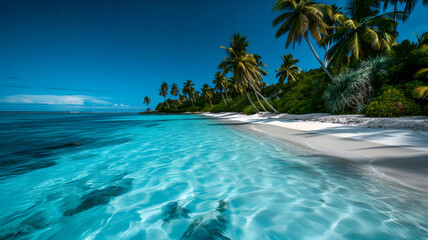 tropical beach view at starry night with white sand, turquoise water and palm tree. Neural network...