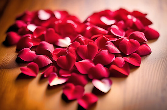 heart made of red rose petals. Valentine's Day. postcard.
