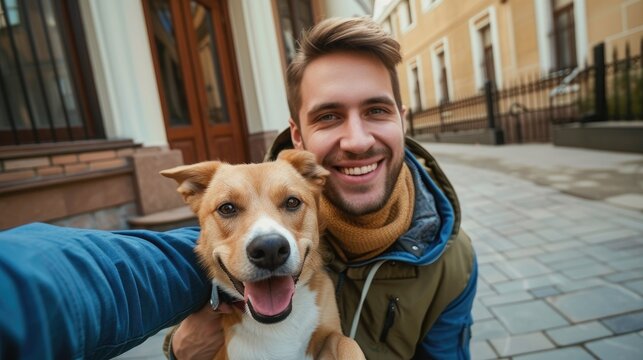 Happy man owner with dog taking selfie outdoor , touch and embrace for happy friends. Animal or social media app with smile, relax and photography. Low angle view building, home or hotel background