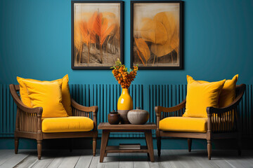 Picture the lively ambiance of a room adorned with blue and yellow chairs against a blank canvas. Visualize an empty frame on the wall.