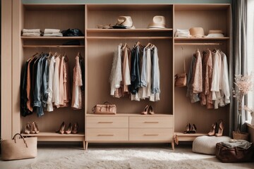There are shelves, rods, and drawers in this contemporary, minimalist woman's wardrobe. Accessory storage and organization space in the dressing room. luxury walk-in closet interior design	
