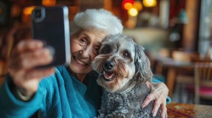 Happy elderly woman with her dog in a cafe, is hugging her lovely pet and  take a selfie photo together. Concept of pet friendly space, restaurants, pubs, bars. Mature woman relaxing with dog