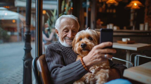 Love, relax and retirement senior man with dog pet together in cafe taking selfie. Pet friendly space concept. Saving memories with pet. 