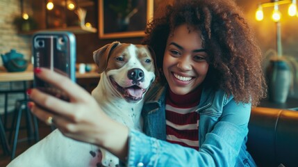Happy female owner with her dog in a cafe, is holding and hugging her lovely pet to take a selfie photo together.  Concept of pet friendly space. restaurants, pubs, bars. 