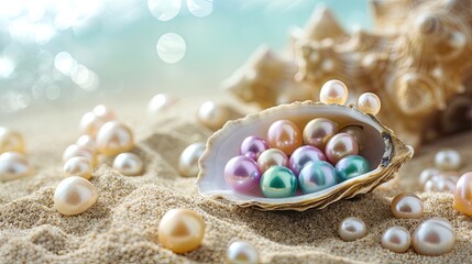 Fototapeta na wymiar Oyster laying on beach with colorful pearl wallpaper background