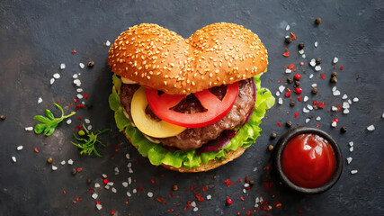 Delicious heart-shaped burger on a grey slate with a cup of ketchup for Valentine's Day