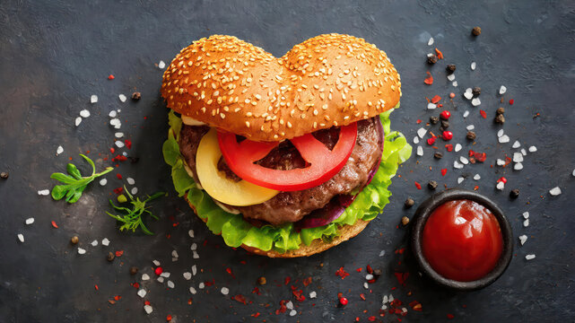 Delicious heart-shaped burger on a grey slate with a cup of ketchup for Valentine's Day - Powered by Adobe