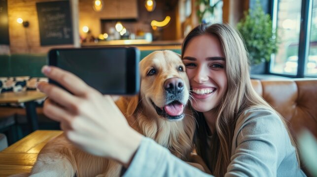 Happy female owner with her dog in a cafe, is holding and hugging her lovely pet to take a selfie photo together.  Concept of pet friendly space. restaurants, pubs, bars. 
