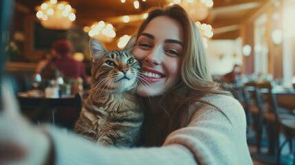 Beautiful and happy girl sitting and hugging together with her lovely cat in cafe at the table and taking selfie. Pet friendly spaces concept, hotel restaurant, pet friendly experience