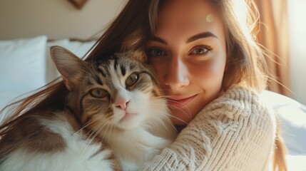 Gorgeous smiling young  girl with her cat in hotel room taking selfie, pet friendly hotel. Woman relaxing with cat, pet friendly space. Influencer, recording video . pet care