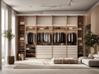 There are shelves, rods, and drawers in this contemporary, minimalist men's wardrobe. Accessory storage and organization space in the dressing room. luxury walk-in closet interior design