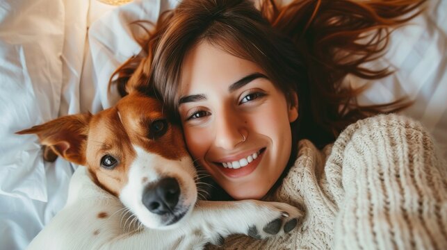Pet friendly spaces concept. Happy beautiful girl with her lovely dog taking selfie in hotel room. Dog friendly hotel. Welcome dog. Travel with dog. 