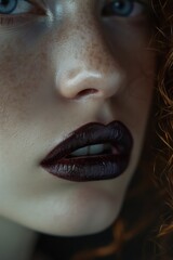 Girl's face with black lips. Macro Close up photography. For advertising beauty salons