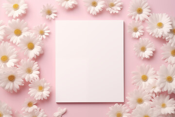 Obraz premium Empty white paper with flowers on pink background, card mockup with copy space