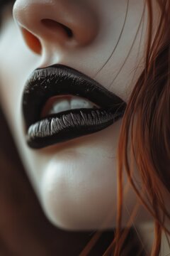 Girl's face with black lips. Macro Close up photography. For advertising beauty salons