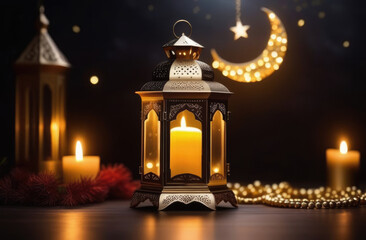 Eid al-Fitr, Laylat al-Qadr, holy month of Ramadan, Arab lantern fanus, candles, moon moon and stars, golden beads, magical atmosphere - obrazy, fototapety, plakaty