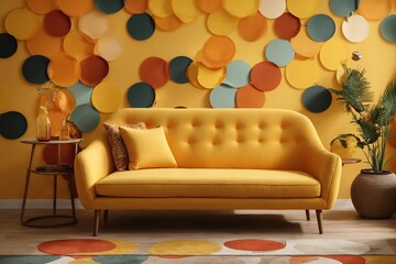 Alongside a wall covered in a vivid circle pattern are a yellow sofa and side tables. Living room with contemporary interior design	
