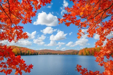 Photo sur Aluminium Rouge 2 autumn landscape with lake