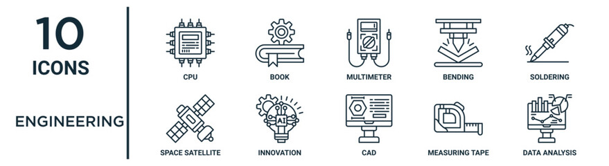 engineering outline icon set such as thin line cpu, multimeter, soldering, innovation, measuring tape, data analysis, space satellite icons for report, presentation, diagram, web design - obrazy, fototapety, plakaty