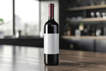 red wine bottle with white blank label on table in restaurant