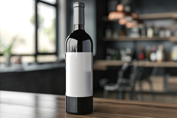 wine bottle with white blank label on table in restaurant