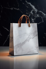 White paper shopping bag on a black marble background. Mock up.