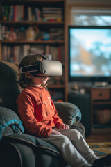 Obraz premium Happy child playing with VR glasses. Modern technology. Future concept