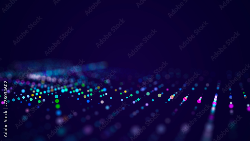 Poster digital background with musical glowing particles. big data visualization. 3d rendering.