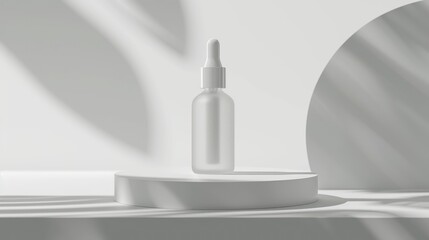 a matte glass serum bottle on podium with a minimal white background, 3D mockup design for beauty and cosmetic product promotions