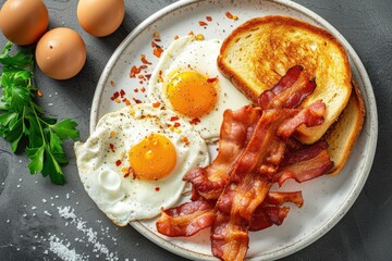 A high angle shot of a delicious breakfast spread featuring sunny-side-up eggs, crispy bacon, and toast Breakfast with fried eggs, bacon and toasts - obrazy, fototapety, plakaty