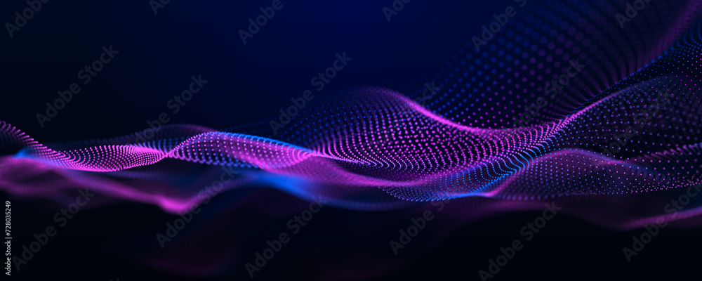 Poster futuristic wave of musical particles. stream of running data. 3d rendering