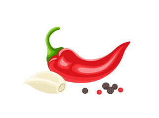 Garlic clove, dry peppercorns and hot red chili pepper. Spicy spices icon. Vector cartoon flat illustration.