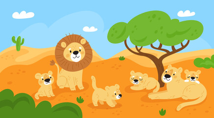 Lion family on nature. Beautiful savannah landscape. Wild animals. Resting pride. Lioness with cubs. King of beasts. African safari panorama. Cartoon predator mammals. Garish vector concept
