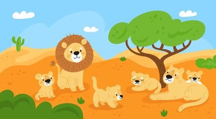 Obraz premium Lion family on nature. Beautiful savannah landscape. Wild animals. Resting pride. Lioness with cubs. King of beasts. African safari panorama. Cartoon predator mammals. Garish vector concept