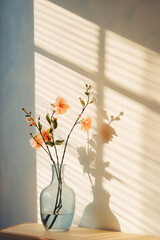 Vase with flowers on table near wall with sunlight and shadows.