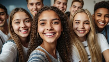 Close-up selfie of a joyful and diverse group of teenagers with radiant smiles, showcasing friendship and casual style in a bright setting.