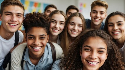 Group selfie of cheerful teenagers with diverse backgrounds, sharing a moment of joy and unity in a casual, bright space.