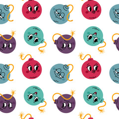 Cartoon funny bombs seamless pattern. Repeated explosives with burning wicks and faces in retro animation style. Cartoon dynamite characters. Grenade detonation. Garish vector background