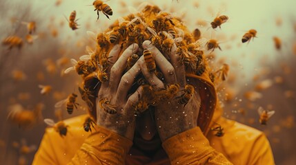 bees attack a person. a swarm of bees surrounded man's head. the man clasped his head in his hands. Panic attack. Phobia. - obrazy, fototapety, plakaty