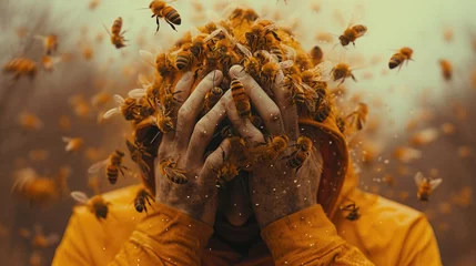  bees attack a person. a swarm of bees surrounded man's head. the man clasped his head in his hands. Panic attack. Phobia. © Татьяна Креминская