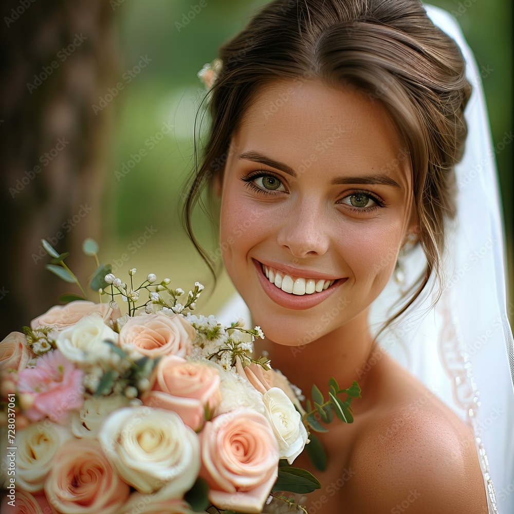 Wall mural portrait of a smiling bride with flowers