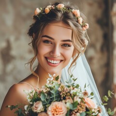 Naklejka premium portrait of a smiling bride with flowers