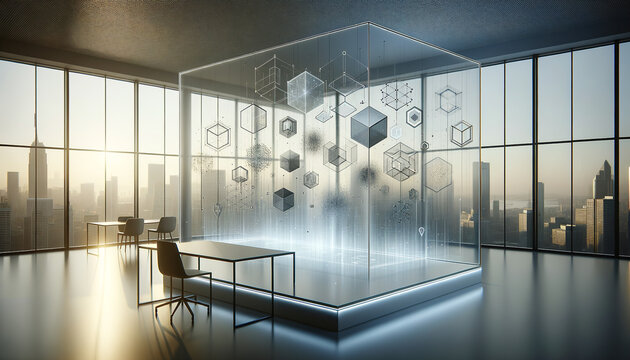 Sleek office space with futuristic digital interface showcasing dimensionality reduction.