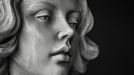 sculpture of woman's head, closeup isolated on black wall art home decor print