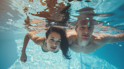 couple underwater in swimming pool